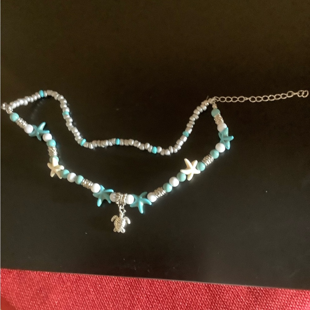 Turquoise colored Starfish Beaded two strand Bracelet with Turtle Charm 8-10”